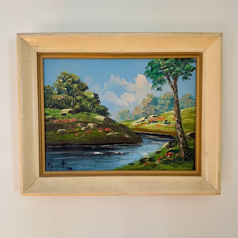 Vintage Framed Italian Oil Painting by Moretti – Landscape with River, 20x16
